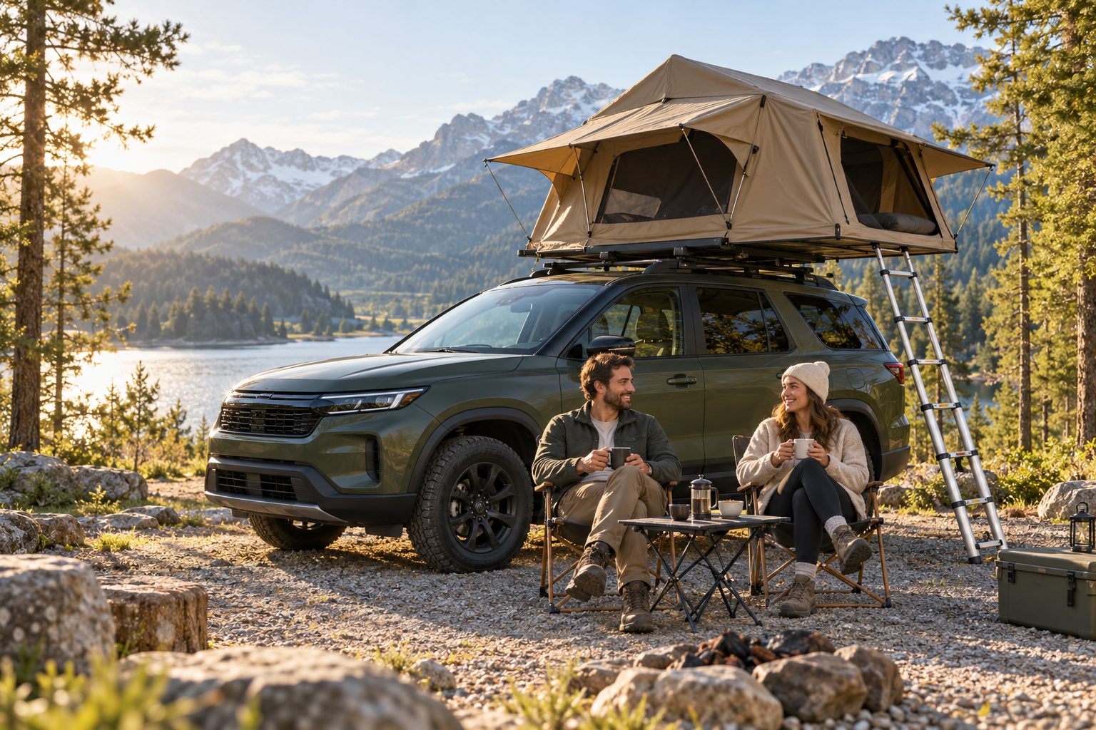 Entspannte Camper neben einem Fahrzeug mit geöffnetem Dachzelt am See